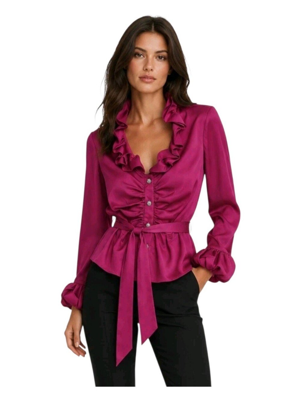 Joseph Ribkoff Fuchsia Pink Satin Ruffle Blouse Sz 6 EUC Belted Rhinestone
